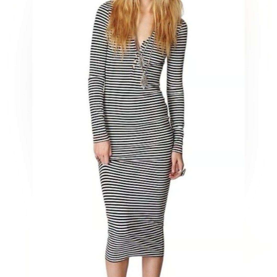 Free People Beach Striped Black And White Bodycon Midi Dress Size Xs